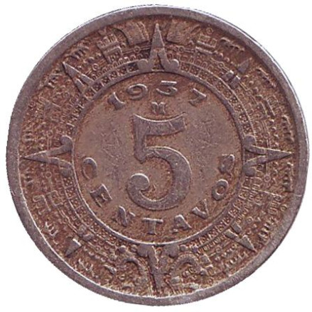 Монета 5 сентаво. 1937 год, Мексика.