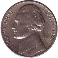 Джефферсон. Монтичелло. Монета 5 центов. 1972 год, США.