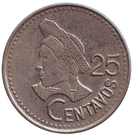 Монета 25 сентаво. 1989 год, Гватемала. Индианка.