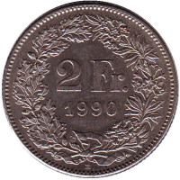 Гельвеция. Монета 2 франка. 1990 (B) год, Швейцария.