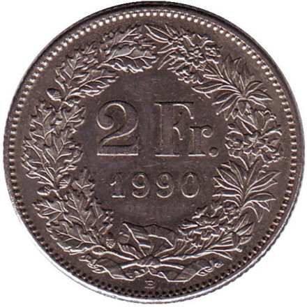 Монета 2 франка. 1990 (B) год, Швейцария. Гельвеция.