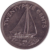 Парусник. Монета 25 центов. 1985 год, Багамские острова.