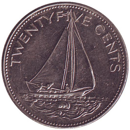 Монета 25 центов. 1985 год, Багамские острова. Парусник.