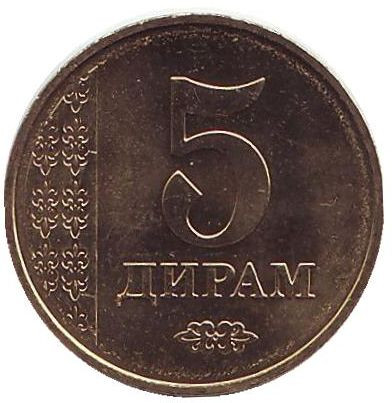 Монета 5 дирамов. 2017 год, Таджикистан.