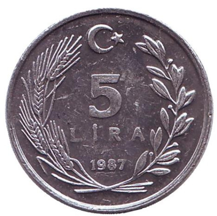 Монета 5 лир. 1987 год, Турция.
