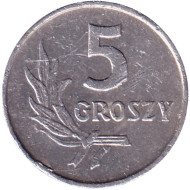 Монета 5 грошей. 1965 год, Польша. Монета 5 грошей. 1965 год, Польша.