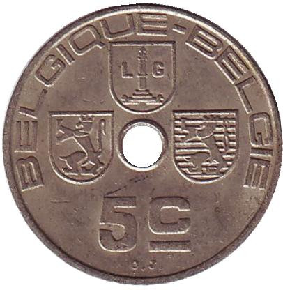 Монета 5 сантимов. 1938 год, Бельгия. 