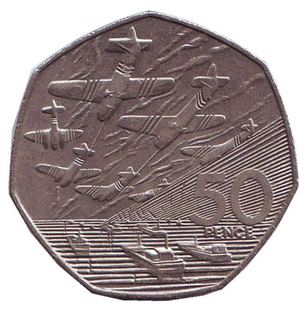 Монета 50 пенсов. 1994 год, Великобритания. 50 лет высадки союзников в Нормании. D-Day.