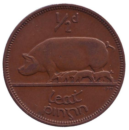 Монета 1/2 пенни. 1953 год, Ирландия. Свинья.