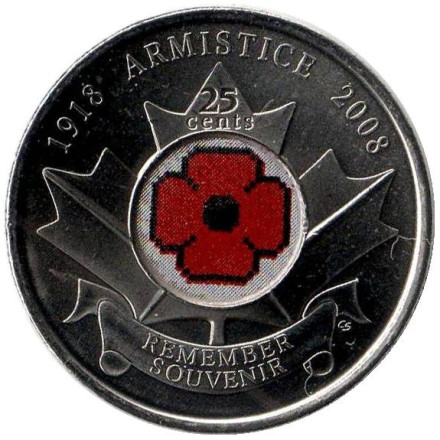 Монета 25 центов, 2008 год, Канада. 90 лет окончания Первой мировой войны.