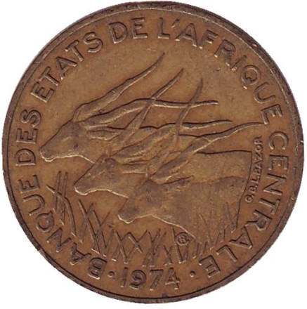 Монета 10 франков. 1974 год, Центральные Африканские Штаты. Африканские антилопы. (Западные канны).