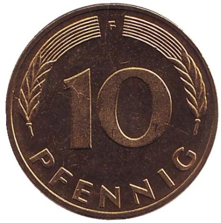 Монета 10 пфеннигов. 1983 год (F), ФРГ. UNC. Дубовые листья.