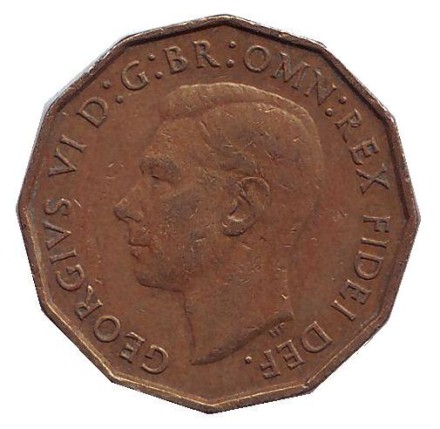 Монета 3 пенса. 1952 год, Великобритания. Лук-порей. Монета 3 пенса. 1952 год, Великобритания. Лук-порей.