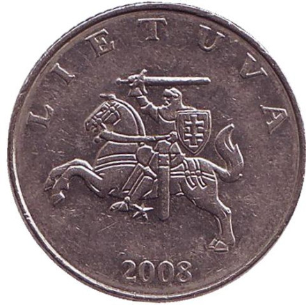 Монета 1 лит. 2008 год, Литва. Рыцарь.