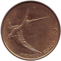 Деревенская ласточка. Монета 2 толара. 2000 год, Словения. Из обращения.