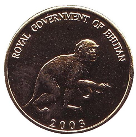 Монета 5 чертумов. 2003 год, Бутан. Обезьяна.