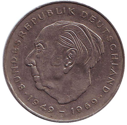 Монета 2 марки. 1985 год (J), ФРГ. Из обращения. Теодор Хойс.