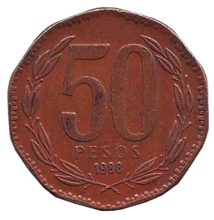 Монета 50 песо. 1988 год, Чили. Бернардо О’Хиггинс.