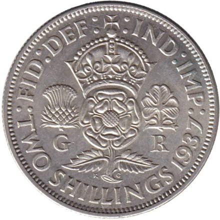 Монета 2 шиллинга. 1937 год, Великобритания.