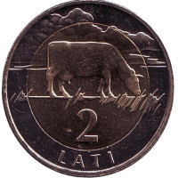 Корова. Монета 2 лата, 1999 год, Латвия. UNC.