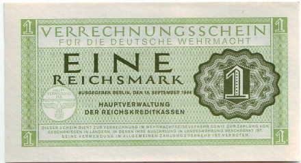 Банкнота 1 рейхсмарка. 1944 год, Третий Рейх. (Вермахт)