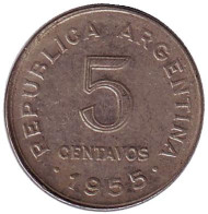 Монета 5 сентаво. 1955 год, Аргентина. Монета 5 сентаво. 1955 год, Аргентина.