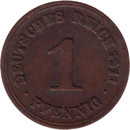 Монета 1 пфенниг. 1911 год (F), Германская империя.