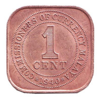  Монета 1 цент. 1940 год, Британская Малайя.