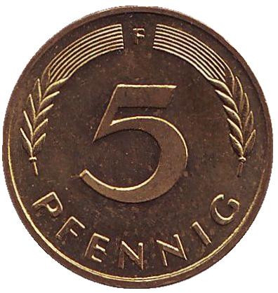 Монета 5 пфеннигов. 1984 год (F), ФРГ. Дубовые листья.