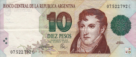Банкнота 10 песо. 2016 год, Аргентина. Мануэль Бельграно.