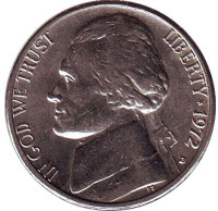 Джефферсон. Монтичелло. Монета 5 центов. 1972 год (D), США.