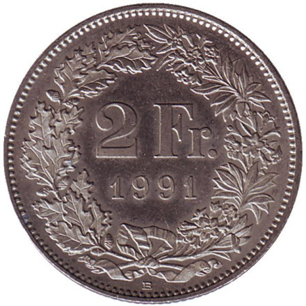 Монета 2 франка. 1991 (B) год, Швейцария. Гельвеция.