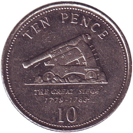 Монета 10 пенсов. 2009 год, Гибралтар. Большая осада Гибралтара. Пушка.