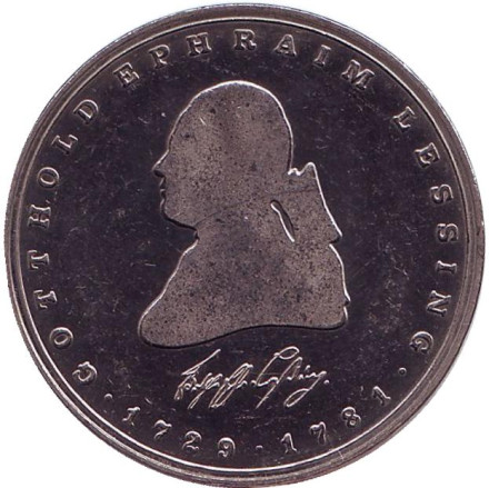 Монета 5 марок. 1981 год, ФРГ. 200 лет со дня смерти Готхольда Эфраима Лессинга.