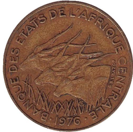 Монета 10 франков. 1976 год, Центральные Африканские Штаты. Африканские антилопы. (Западные канны).