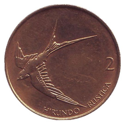 Монета 2 толара. 1992 год, Словения. Деревенская ласточка.