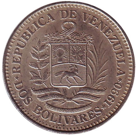 Монета 2 боливара. 1990 год, Венесуэла.