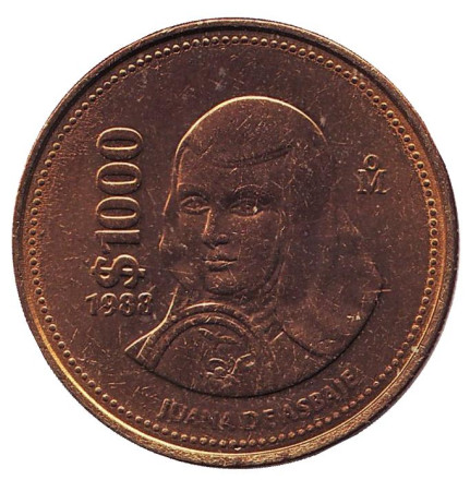 Монета 1000 песо. 1988 год, Мексика. UNC. Сестра Хуана Инес де ла Крус.