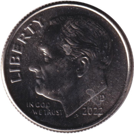 Монета 10 центов. 2022 (D) год, США. Рузвельт.