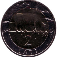 Корова. Монета 2 лата, 1999 год, Латвия. BU.