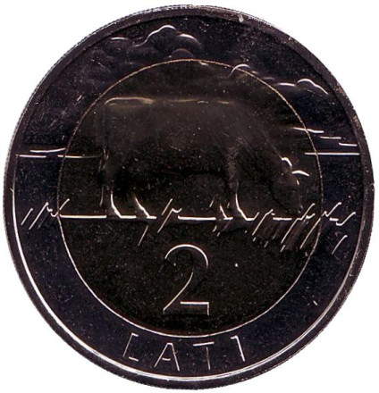 Монета 2 лата, 1999 год, Латвия. BU. Корова.