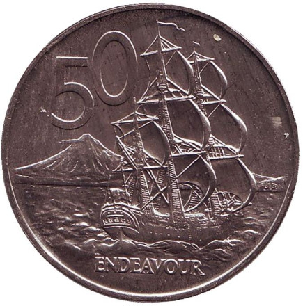 Монета 50 центов, 1974 год, Новая Зеландия. Парусник "Endeavour".