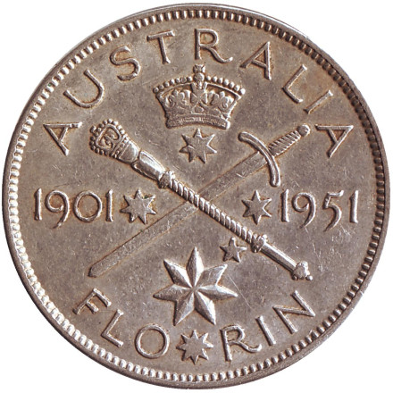 Монета 2 шиллинга (флорин). 1951 год, Австралия. 50 лет Федерации (1901-1951).