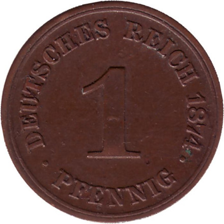 Монета 1 пфенниг. 1874 год (G), Германская империя.