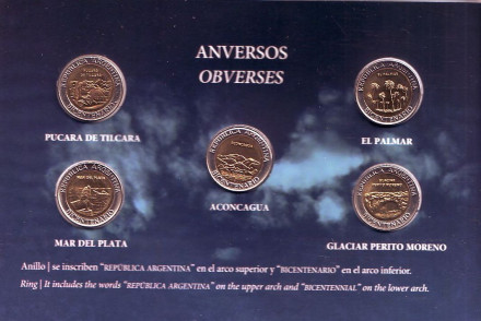 200-летие Аргентины. Набор из 5 монет в буклете. 1 песо, 2010 год, Аргентина.
