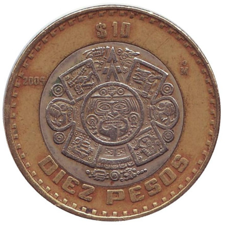 Монета 10 песо. 2005 год, Мексика. Тонатиу. Ацтекский солнечный камень. Орел.