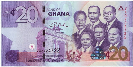 Банкнота 20 седи. 2007 год, Гана. Политические деятели Ганы.