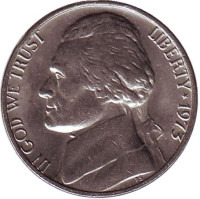 Джефферсон. Монтичелло. Монета 5 центов. 1973 год, США.
