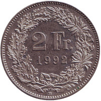 Гельвеция. Монета 2 франка. 1992 (B) год, Швейцария.