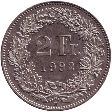 Монета 2 франка. 1992 (B) год, Швейцария. Гельвеция.